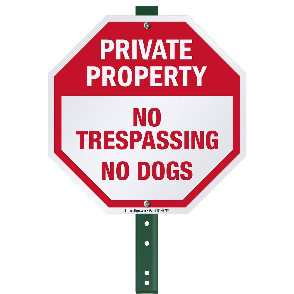 SmartSign 10 x 10 inch “Private Property - No Trespassing, No Dogs” Octagon Yard Sign with 3 foot Stake, 40 mil Laminated Rustproof Aluminum, Red and White, Set of 1