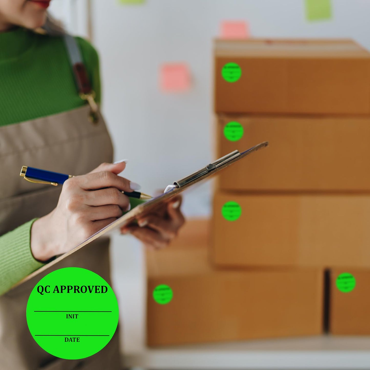 Gueevin 1 Roll/1000 Pcs 2 Inch Quality Control Inventory Labels Writeable QC Inventory Approval Stickers Fluorescent Green Permanent Adhesive Inventory Stickers for Shipping Warehouse Organization
