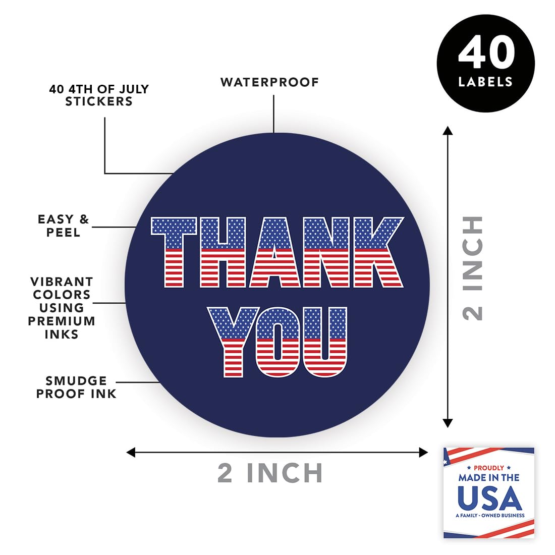 Andaz Press 40 Pack 4th of July Stickers, 2" Navy Blue Thank You American Flag Fourth of July Stickers, USA Patriotic Stickers 4th of July Party Favors Memorial Day Veterans Day Red Sticker