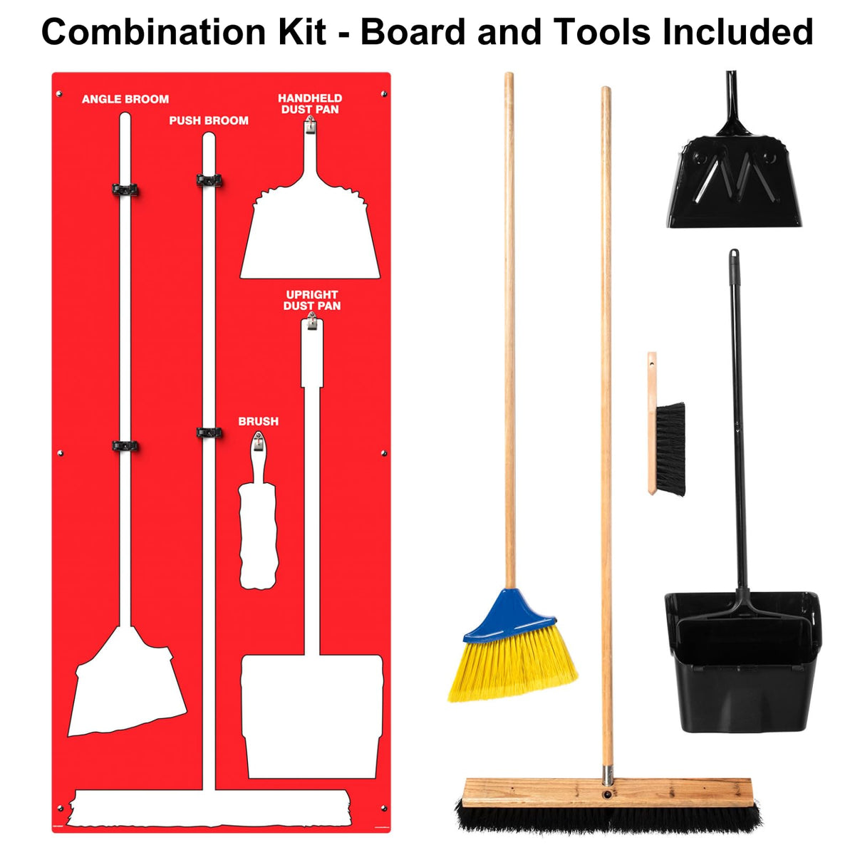 Accuform Clean & Sweep 5S shadow board wall mount broom holder with dustpan set, red and white, designed for organized cleaning stations.