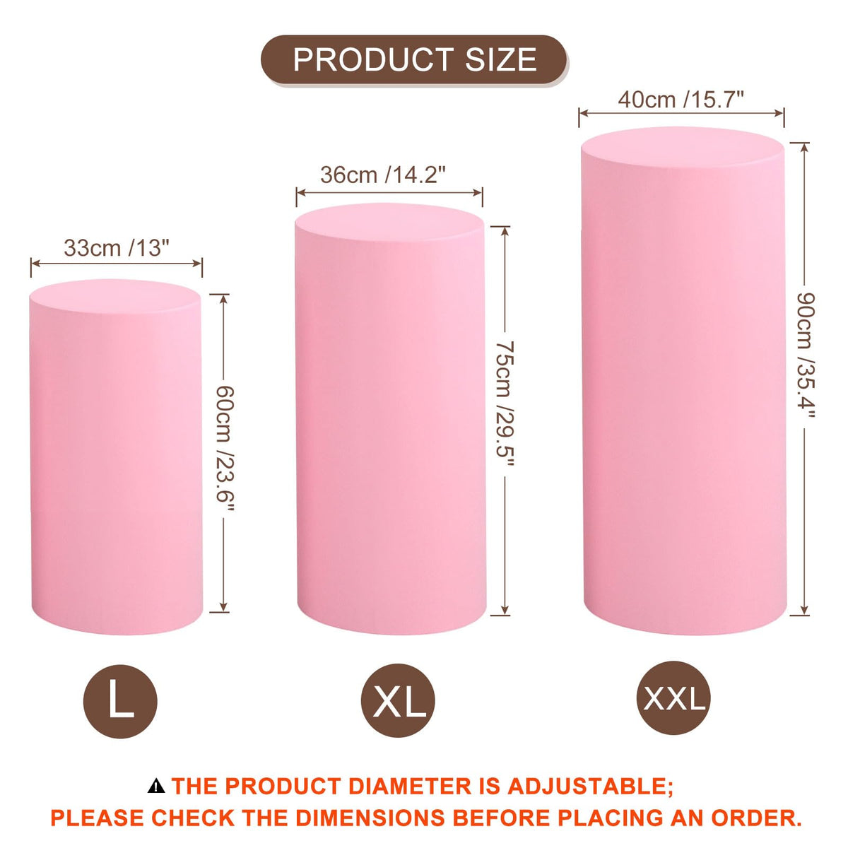 Set of 3 Light Pink Cylinder Spandex Stand Covers, Plinth Stand Cover for Party Wedding Birthday Decoration, Only Contains Cylinder Covers (Elastic Fabric - Large)
