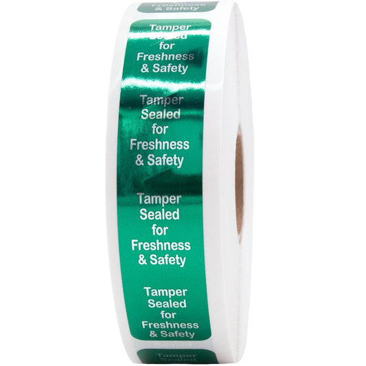 InStockLabels 500 Metallic Green Tamper-Evident Food Seal Stickers, Labels for Food Containers (0.75 Inches x 3.5 Inches)