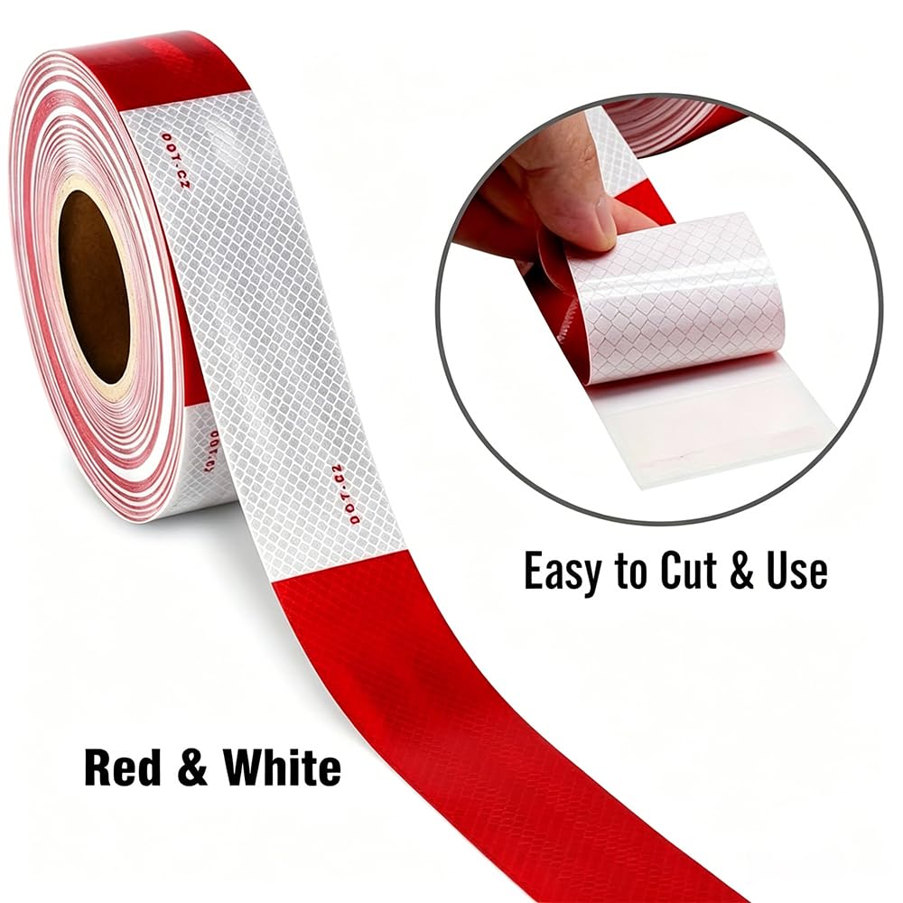 DOT-C2 Reflective Safety Tape 2" x 200' Red/White | High-Visibility, For Vehicles, Trailers, Marine, and Signs, Safety Conspicuity Tape