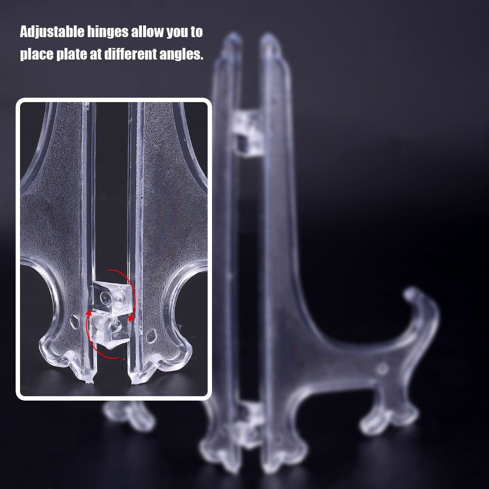 10pcs Clear Plastic Plate Holders, Foldable Adjustable Display Stand for Plates Picture Frames Dinnerware, with Support Stable Hook (17.5cm) 17.5cm