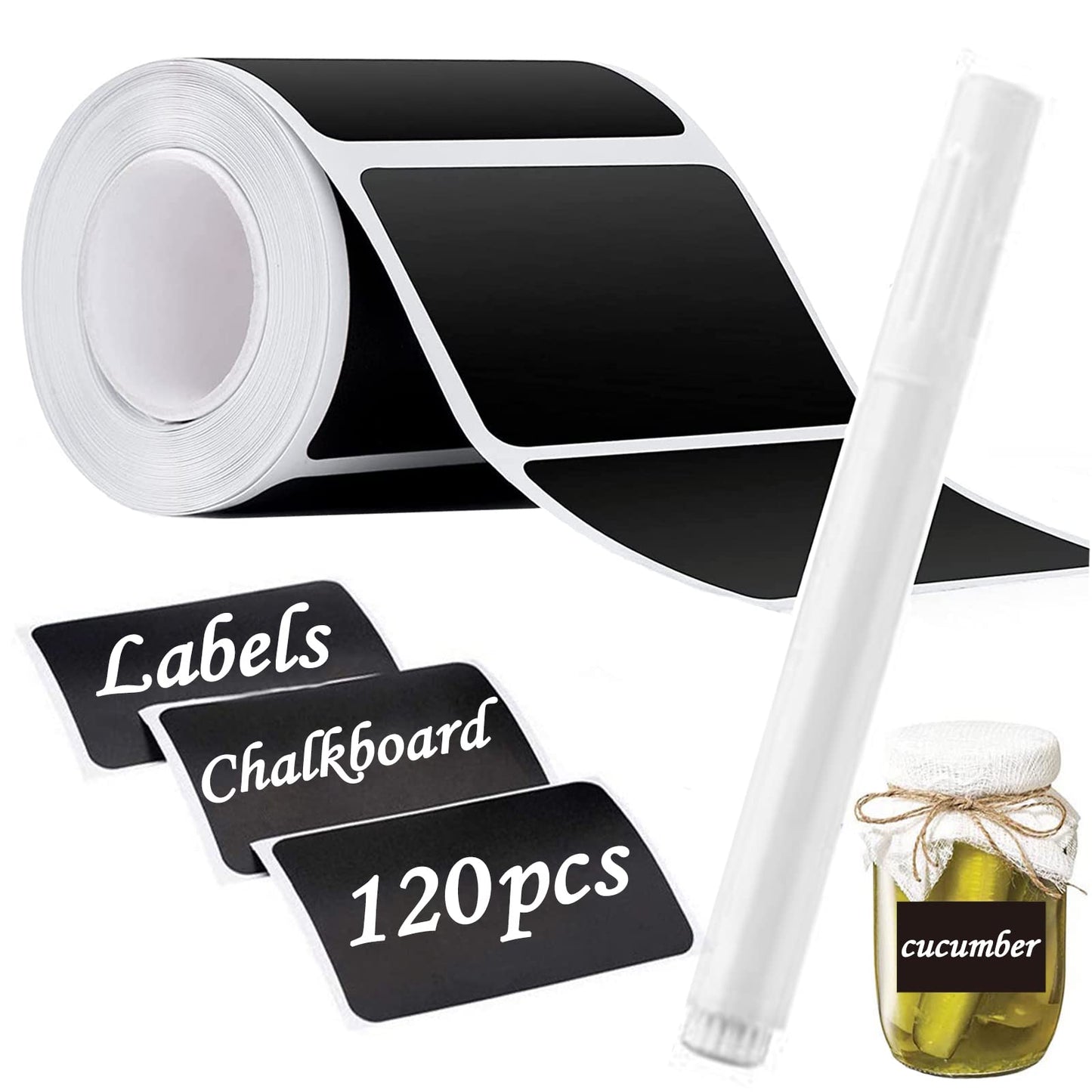 Chalkboard Labels Stickers, 120pcs Black Chalkboard Labels for Containers with White Chalk Marker Reusable and Waterproof Chalk Labels Blackboard Stickers for Storage Bins Container Glass Jars Cups Rectangle