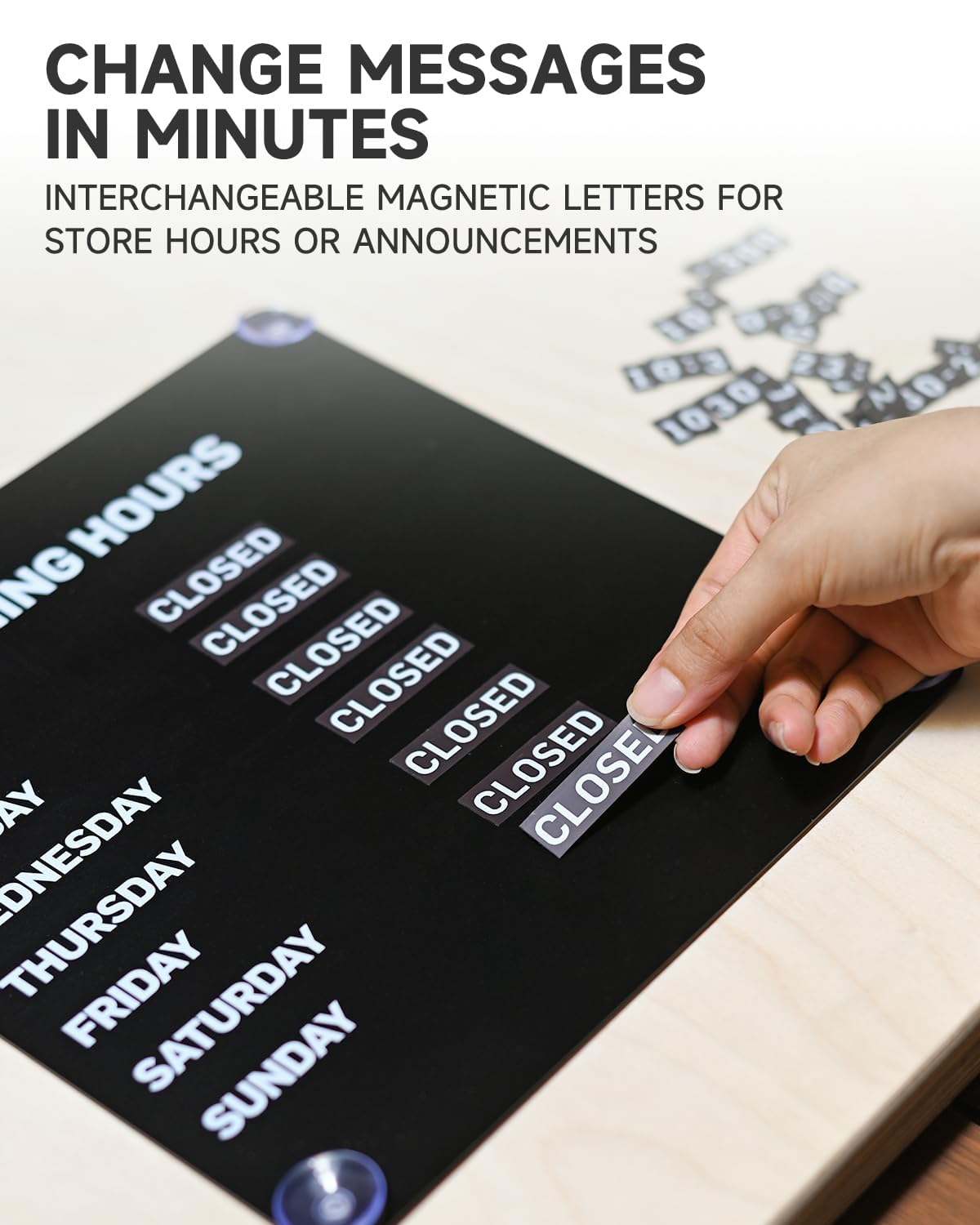Magnetic Business Hours Sign, Changeable Store Hours Board for Glass Door Black 10.24 x 10.24 " Full Sign Set