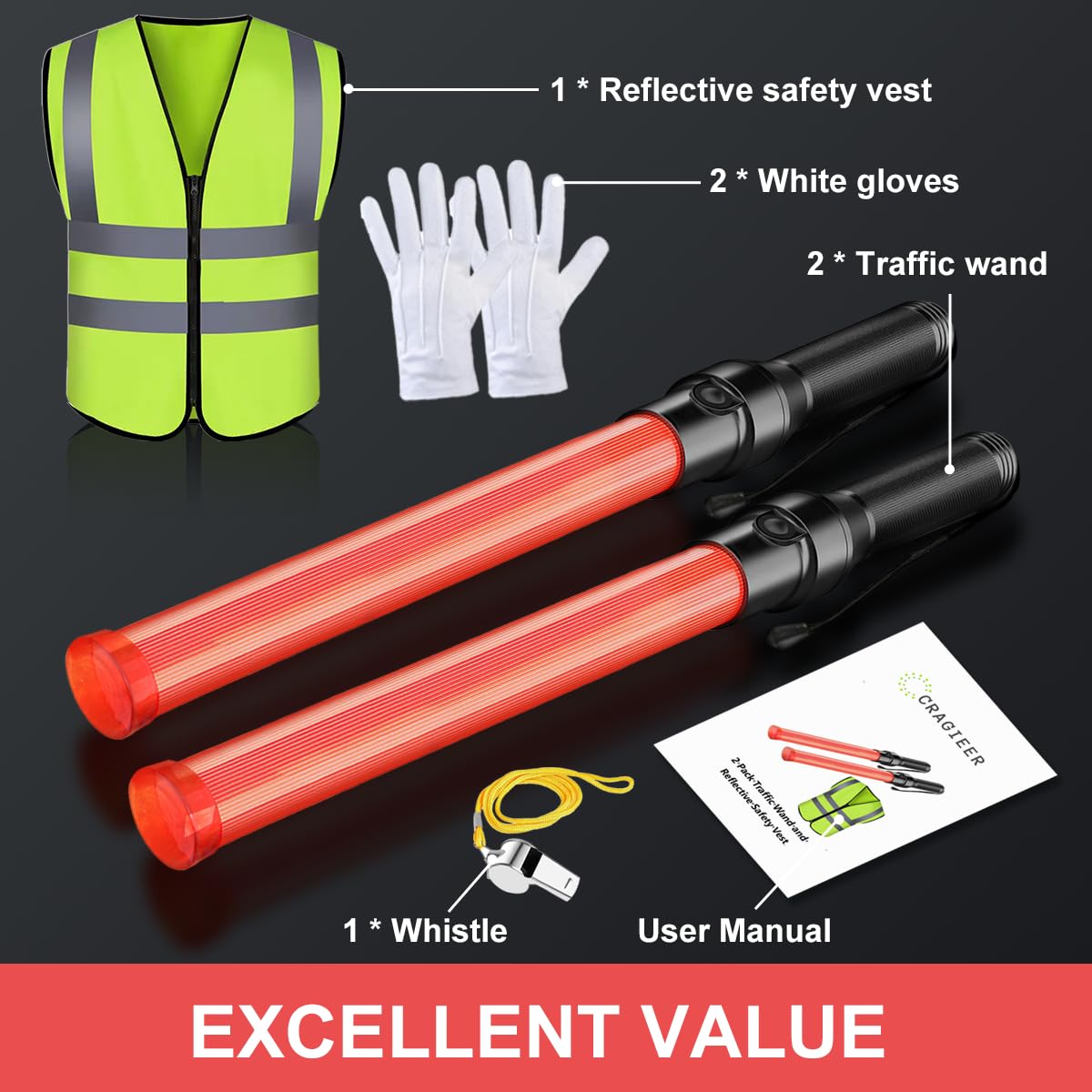 2 Pack Traffic Wand and Reflective Safety Vest, Traffic Control Tool Kit Whistle and Gloves, 21 Inch Traffic Control Wand with 6 Red LED Lights Inside for Parking, Car Directing and Outdoor Use