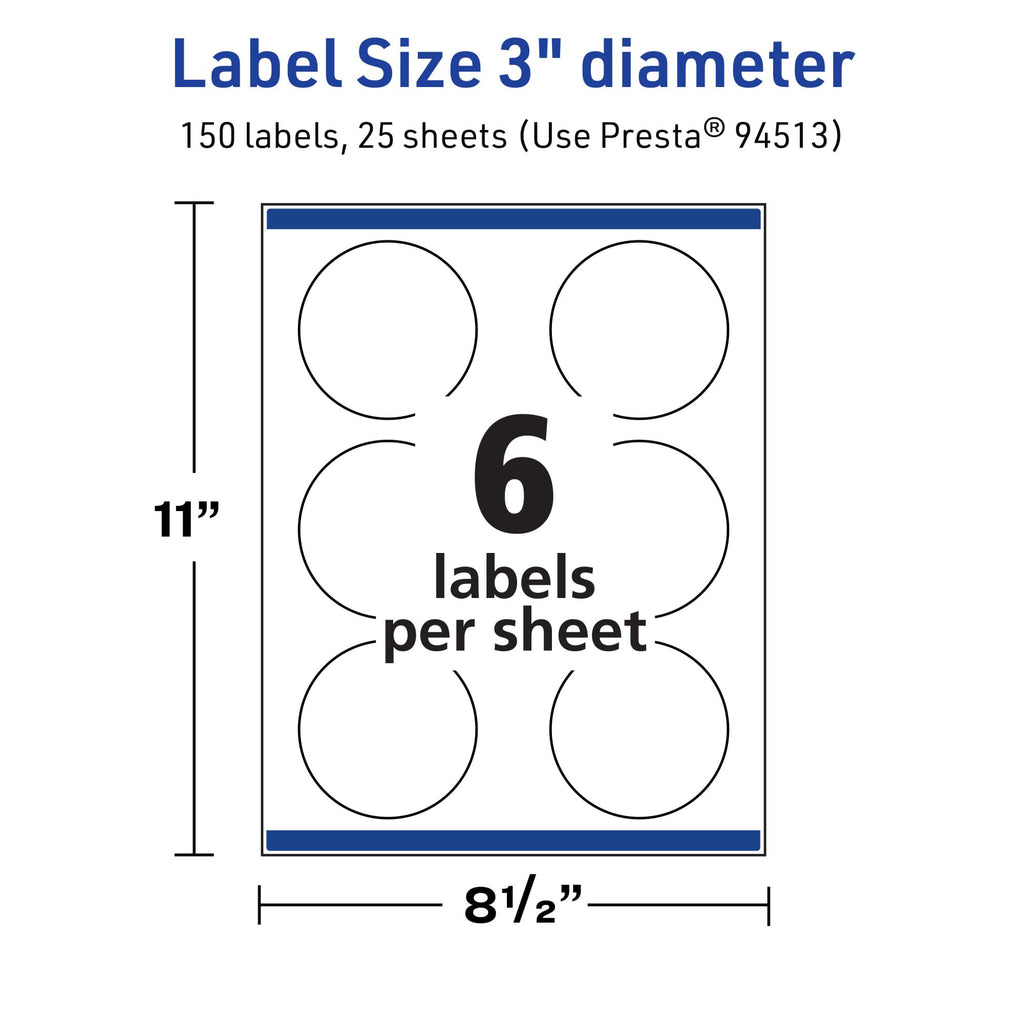 Avery TrueBlock Matte White Round Labels, Sure Feed Technology, 3" Diameter, 150 Matte White Labels, Print-to-The-Edge, Laser/Inkjet Printable, Great for Packaging and Product Merchandising 150 labels