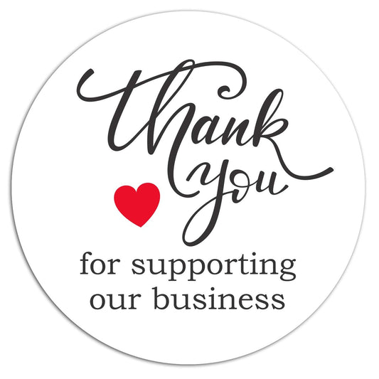 NextDayLabels - Pack of 500 “Thank You for Supporting Our Business” Stickers. 1.5 inch Round. Printed in Black/Red Ink on White Gloss Paper.