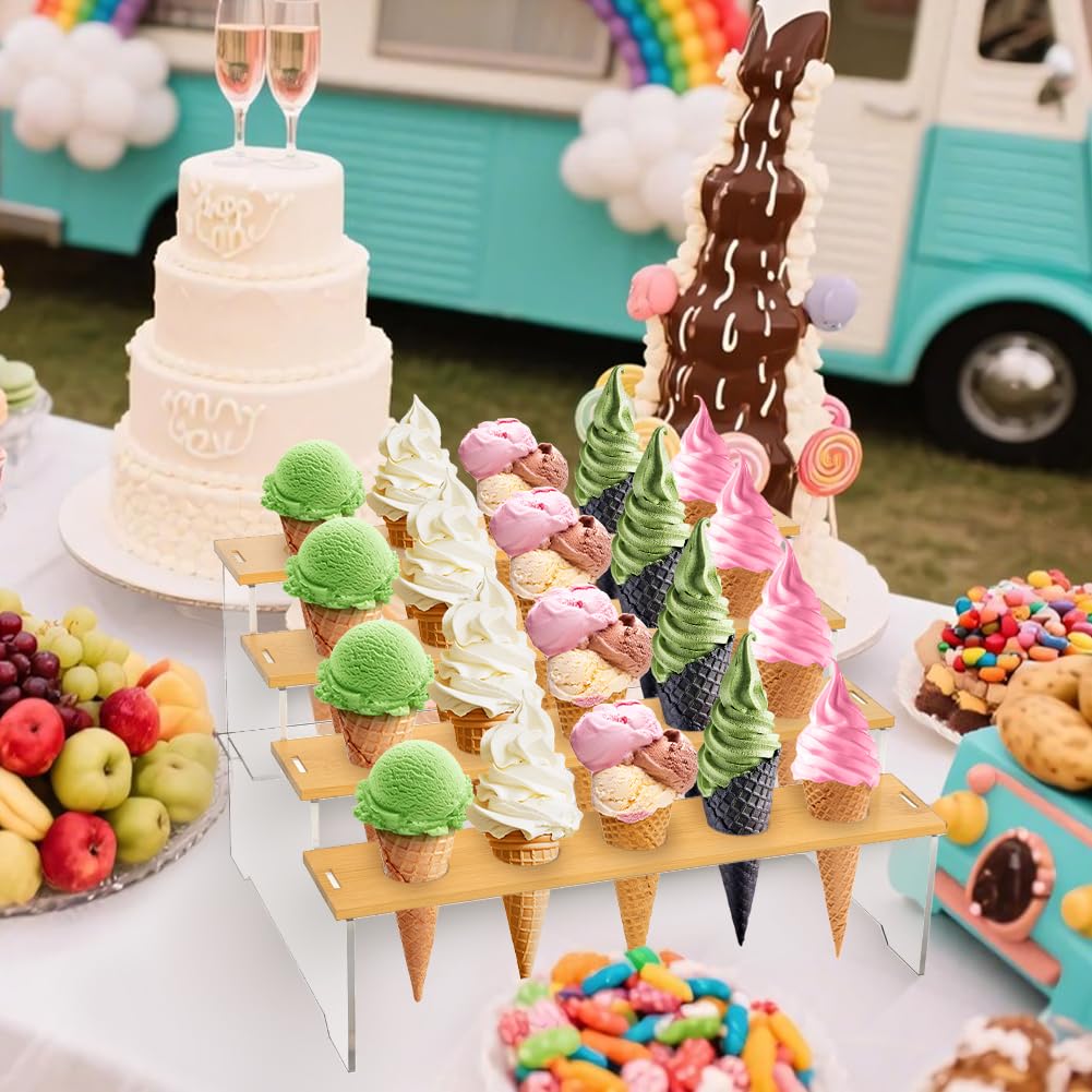 UNICRAFTALE 4-Layer 20-Hole Acrylic Ice Cream Stand Wooden Dessert Rack Waffle Cone Displaying Stand for Ice Cream Sweets and Party Food Display 12.99x9.92x7.76Inch