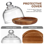 4.2 Inch Wooden Base Small Cake Display Stand with Glass Dome,Cloche Clear Glass Bell Jar Cover for Dessert Cheese Candy Plants Succulents