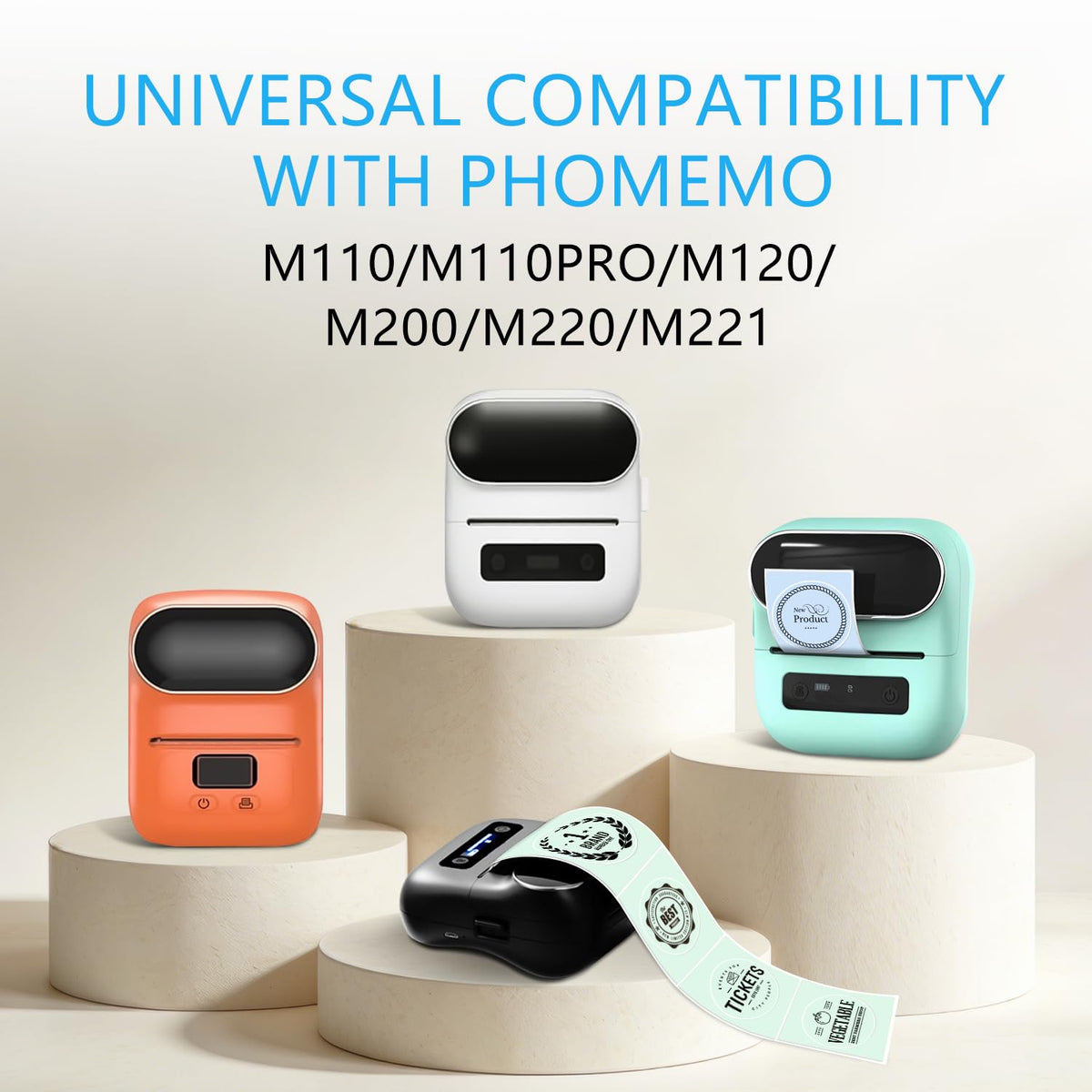 4 Rolls Round Circle Thermal Label Compatible for Phomemo M100/M110/M150/M221/M220/M120/M200/M250 Label Printer,1.96" x 1.96"（50x50 mm, 140 Labels/Roll Black on Pink & Blue & Khaki & Green Color-4 Rolls 50x50mm(1.96"x1.96")
