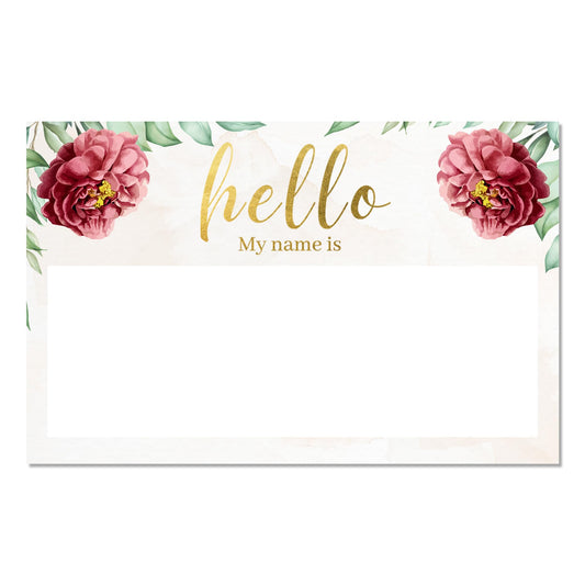 Hello My Name is Stickers | Gold Foil | Perforated 2.25 x 3.5 Inch Name Tag Stickers | Red Floral Theme |100pcs Name Sticker Name Badge for Wedding, Party, Bridal Shower and Baby Shower