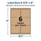 Avery® Kraft Brown Rectangle Labels, Sure Feed® Technology, 3-1/3" x 4", 600 Kraft Brown Labels, Laser/Inkjet Printable 600 labels