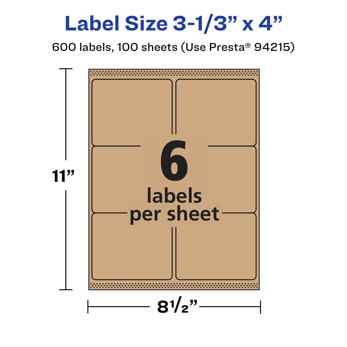 Avery® Kraft Brown Rectangle Labels, Sure Feed® Technology, 3-1/3" x 4", 600 Kraft Brown Labels, Laser/Inkjet Printable 600 labels