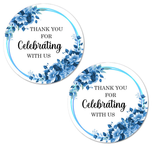 40 Light Blue Flowers Thank You for Celebrating with Us Stickers, 2 Inch Big Round Glossy Labels, Great for Weddings, Bridal Shower, Engagement Party, Party Favors Décor, Tags, Supplies. Made in USA.