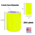 ChromaLabel fluorescent yellow 3x5 inch permanent color-coding rectangle labels, 250 stickers per roll for organization and tagging.