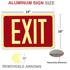 4Pack Photoluminescent Exit Sign Aluminum - 14x10 Inches Glow In Dark Exit Sign with Adhesive Backing - Removable Arrows Included - Non Electrical Red Exit Light For 50 Feet Visibility 14"X10"-4PACK