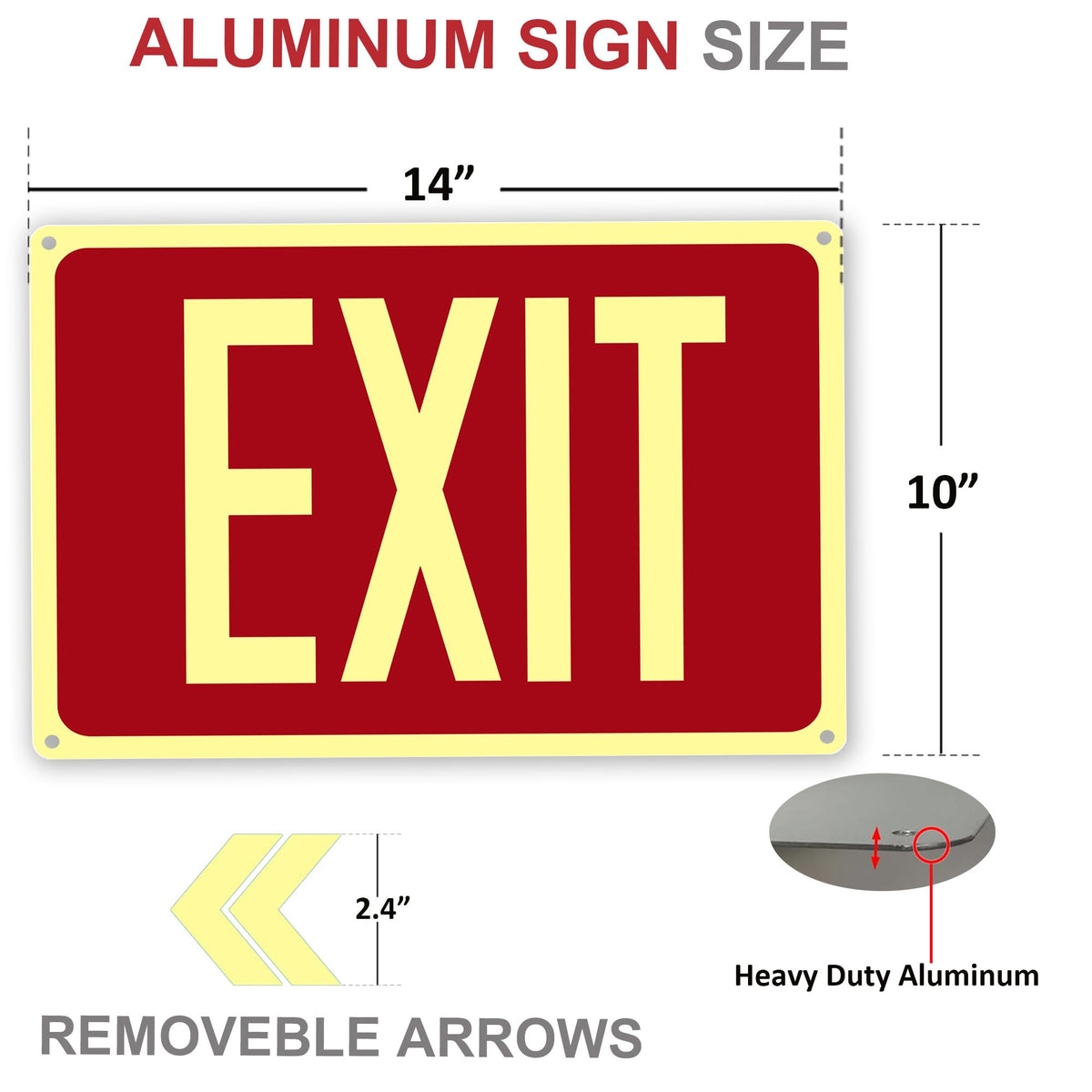 4Pack Photoluminescent Exit Sign Aluminum - 14x10 Inches Glow In Dark Exit Sign with Adhesive Backing - Removable Arrows Included - Non Electrical Red Exit Light For 50 Feet Visibility 14"X10"-4PACK