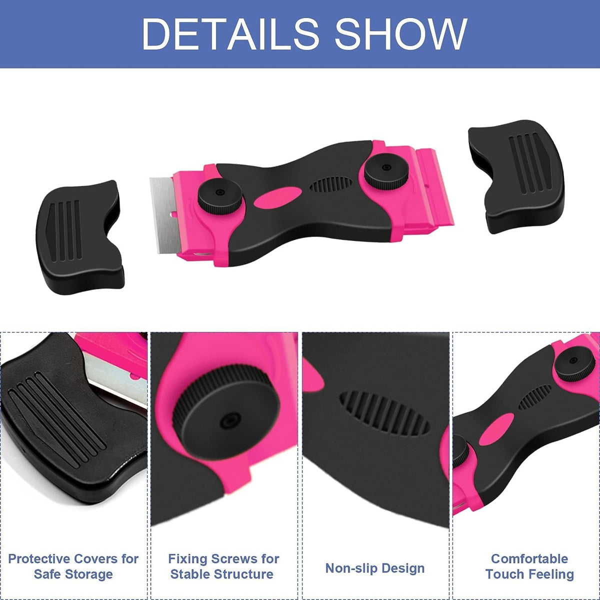 Pink DEKEones razor blade scraper with double-edged blades and paint scraping tool for glass, decals, stickers, and adhesive removal.