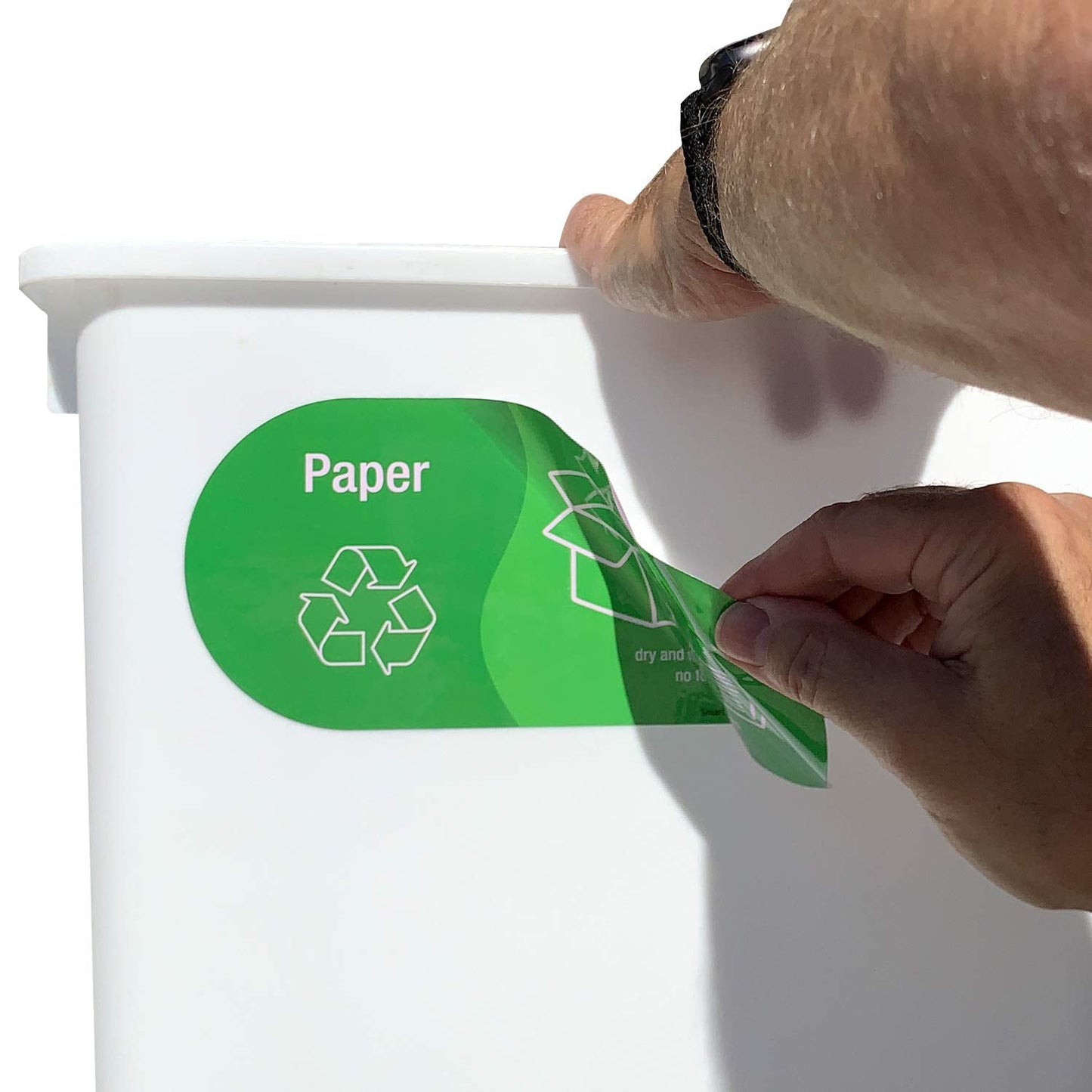 SmartSign (Pack of 4) 3.75 x 9 inch “Paper - Dry and Flattened, No Food Contact” Recycling Sticker Labels with Symbols, 5 mil Laminated Polyester with SuperStick Adhesive, Green and White 3.75" X 9"_paper