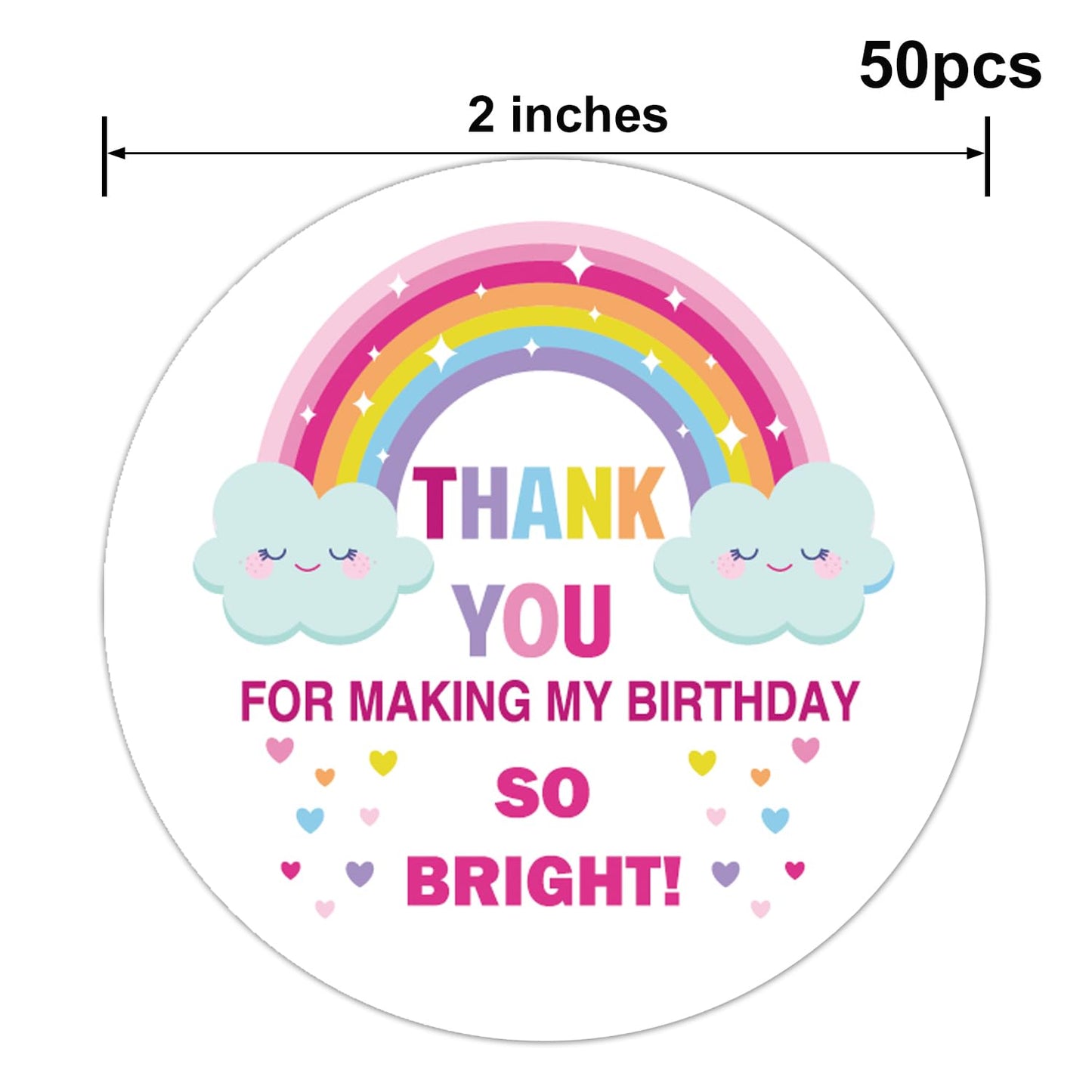 Birthday Party Thank You Sticker Labels, Rainbow Favor Stickers - 'Thank You for Making My Birthday So Bright', 2 Inch, 50 Pack