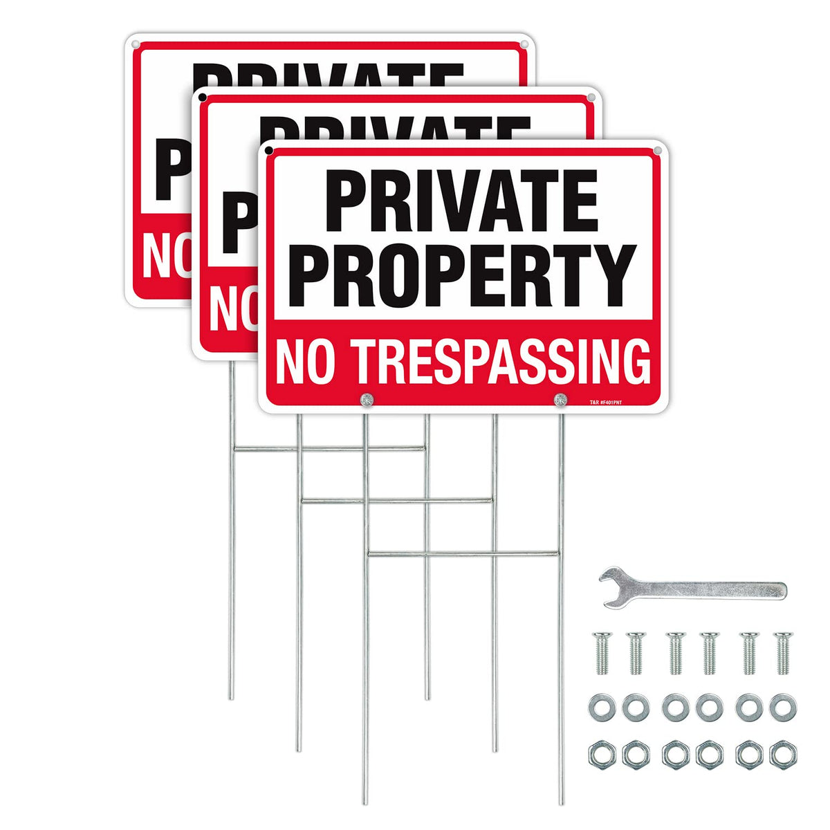 T&R No Trespassing Sign Private Property Sign with H Stake for Outside,3 Pack,12"x8" .040 Rust Free Heavy Aluminum, Waterproof,Includes Matching Screws & Wrench, Easy to Mount 3-Pack