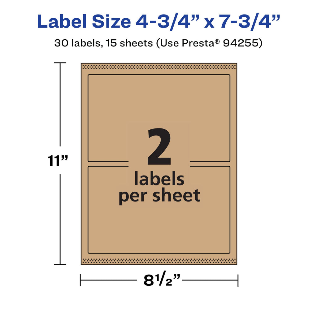 Avery® Kraft Brown Rectangle Labels, Sure Feed® Technology, 4.75" x 7.75", 30 Kraft Brown Labels, Print-to-The-Edge, Laser/Inkjet Printable 30 labels