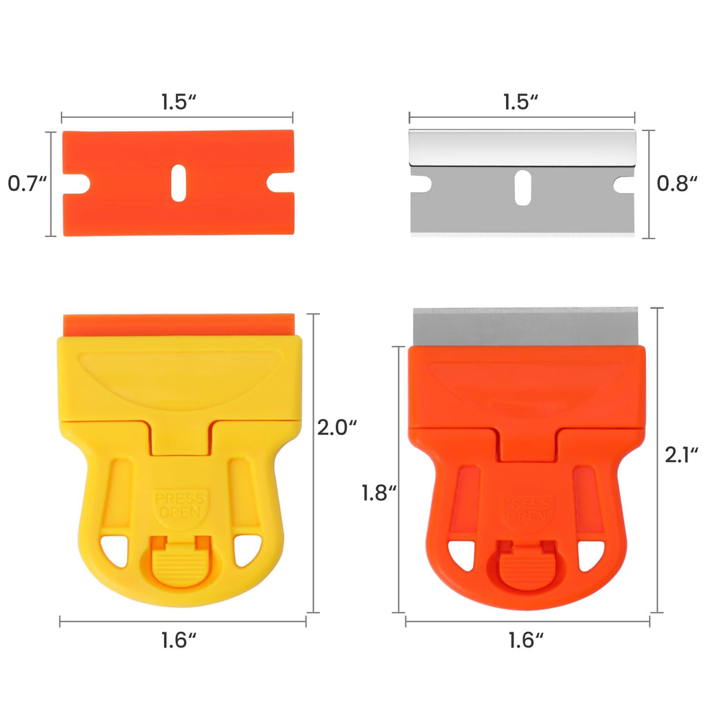 DEPOTA 2-pack plastic razor blade scraper with 10 plastic and 10 metal blades, ideal for removing adhesive, labels, and stickers from glass.