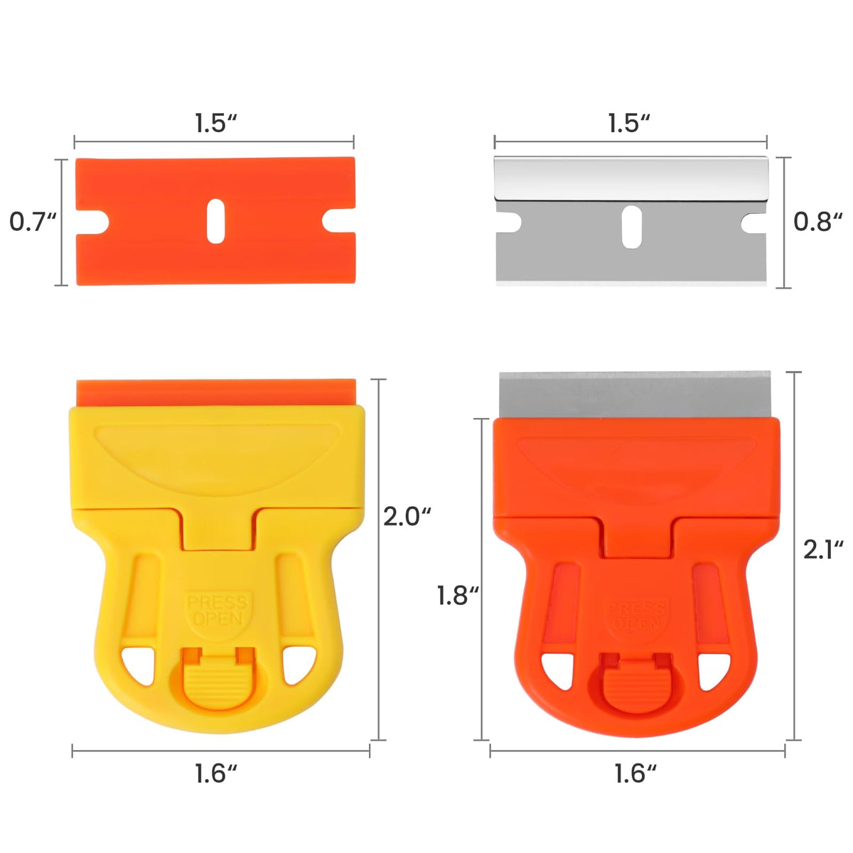 DEPOTA 2-pack plastic razor blade scraper with 10 plastic and 10 metal blades, ideal for removing adhesive, labels, and stickers from glass.