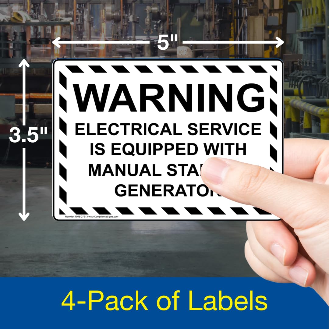 ComplianceSigns.com Warning Electrical Service Is Equipped With Manual Standby Generator Label Decal, 5x3.5 in. 4-Pack Vinyl