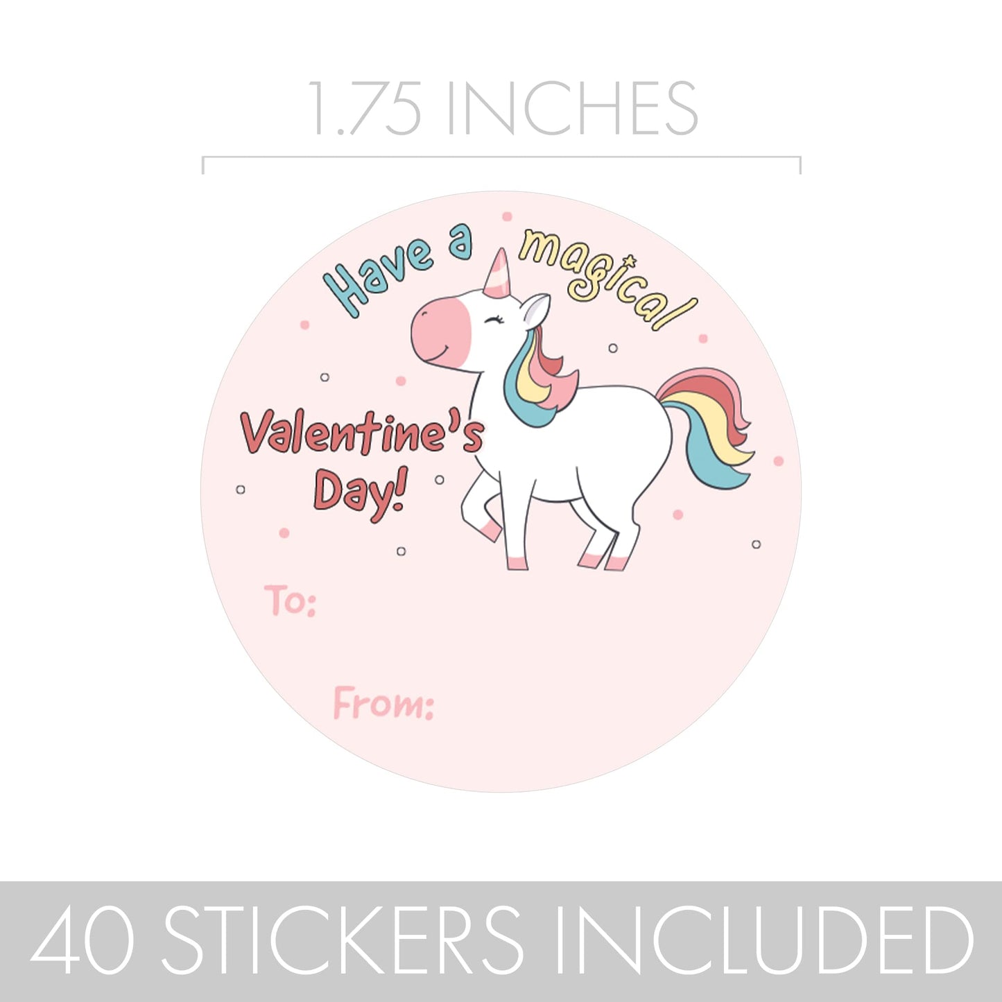 Unicorn Valentine's Day Stickers for Kids, Magical Valentine Label Stickers, to from Valentines Stickers - 40 Count