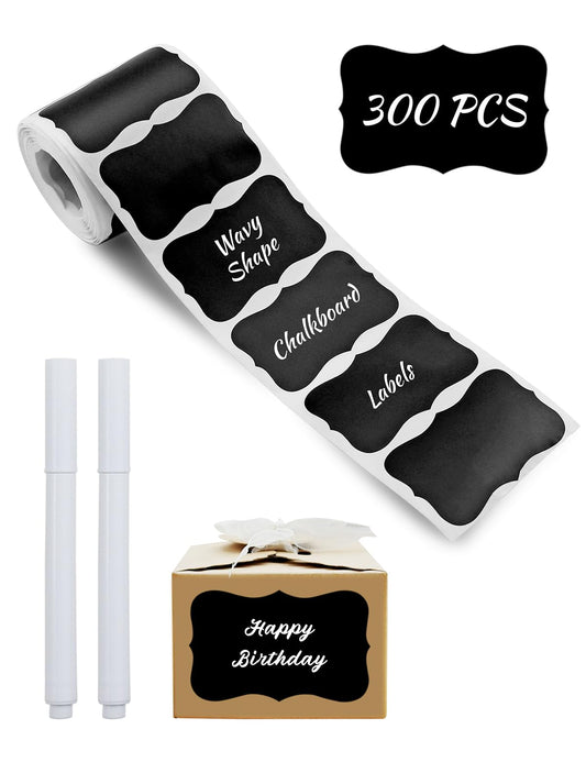 300 PCS Wavy Shape Chalkboard Labels, Erasable Reusable Blackboard Stickers with 2 Liquid Chalk Pens for Jars, Spice, Craft, Home, Kitchen, Parties Decoration, Craft Rooms, Weddings