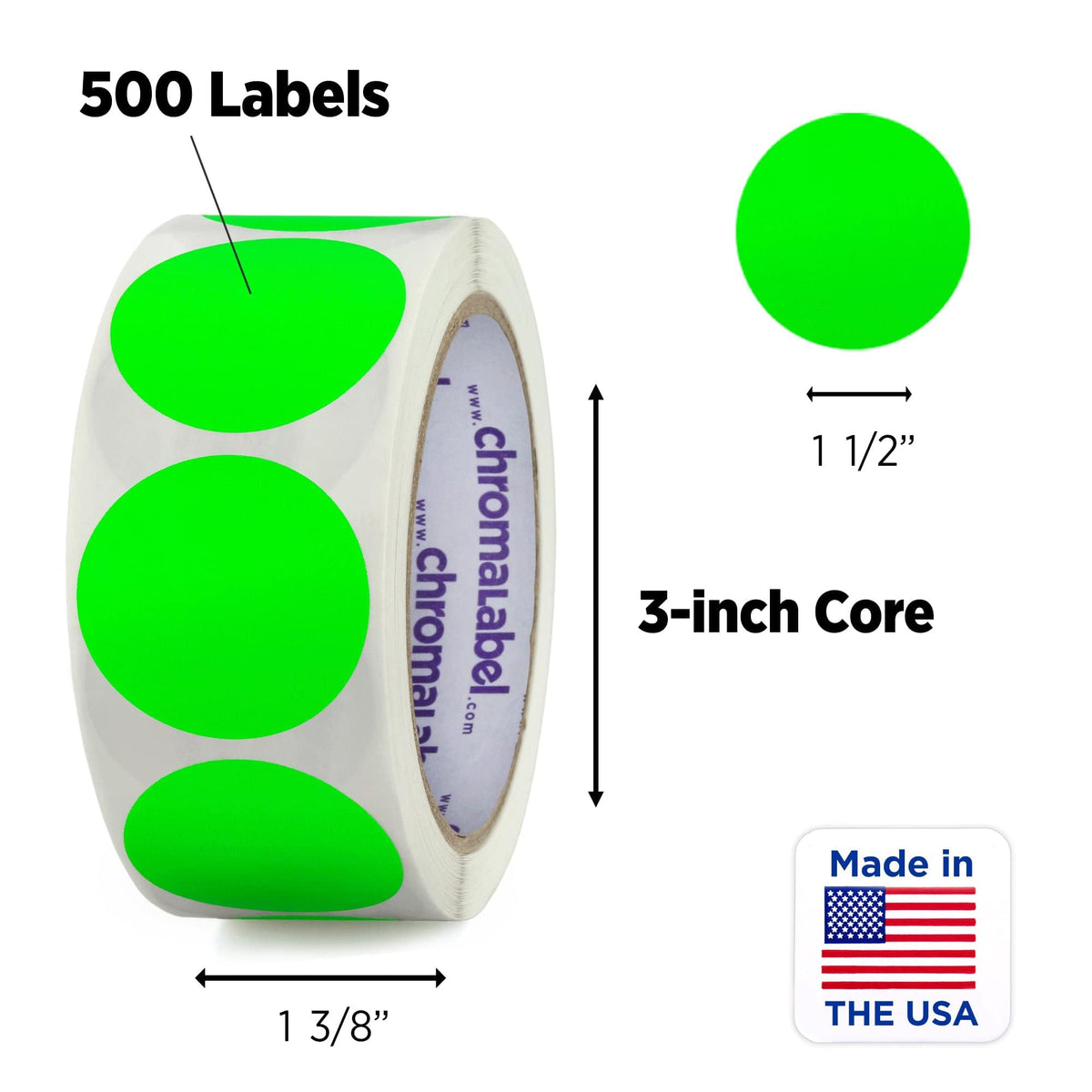 ChromaLabel fluorescent green 1.50 inch round removable color code dot stickers for inventory labeling, 500 labels per roll