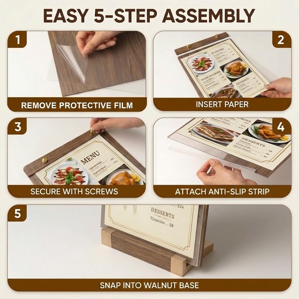 1 Pack Classy Sign Holder 8.5 x 11 with Slanted Wooden Base, Vertical Countertop Menu Display Stand for Coffee Shop, Bakery, Retail, Wedding 8.5x11, 1 Pack