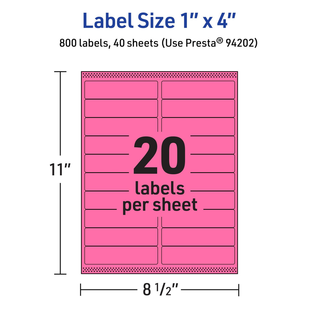 Avery® Printable Rectangle Labels, Sure Feed® Technology, 1" x 4", Bright Pink Labels, Laser/Inkjet Printable, 800 Total, Great for Mailing and Cosmetics 800 labels
