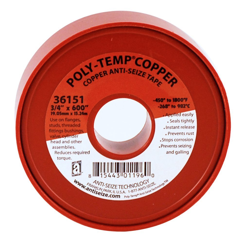 Poly-Temp 36151 Anti-Seize Copper Filled PTFE Thread Seal Tape, 600" Length x 3/4" Width x 3.5 Mil Thickness 600" x 3/4"