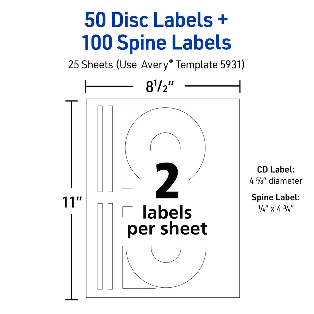 Avery Printable CD Labels, Matte White, Removable Adhesive, Laser & Inkjet Printer Compatible, 50 Disc & 100 Spine Labels, Ideal for CDs, DVDs, PC Discs, Media Projects & More (5931) 0
