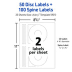Avery Printable CD Labels, Matte White, Removable Adhesive, Laser & Inkjet Printer Compatible, 50 Disc & 100 Spine Labels, Ideal for CDs, DVDs, PC Discs, Media Projects & More (5931) 0