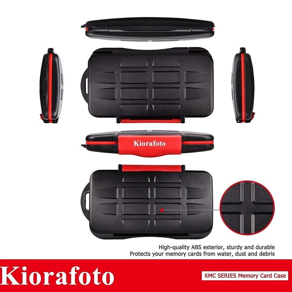Kiorafoto water-resistant memory card case with 120 card labels, holds 12 SD and 12 Micro SD cards, compact and portable.