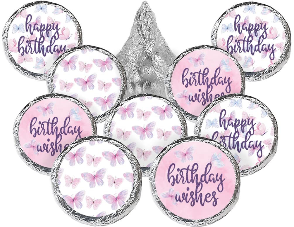 Butterfly Birthday Party Favor Chocolate Kisses Candy Stickers, Butterfly Wishes - 180 Count