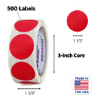 Red ChromaLabel 1.50 inch round removable color code dot stickers for inventory labeling, 500 labels per roll