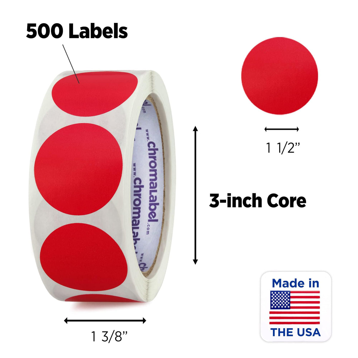 Red ChromaLabel 1.50 inch round removable color code dot stickers for inventory labeling, 500 labels per roll