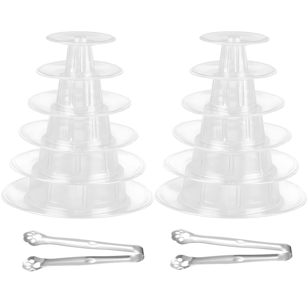 OMISTAR 2 PCS 6-Tier Clear Macaron Display Stands, Plastic Macaron Tray Tower with Stainless Steel Serving Tongs, Transparent Cupcake Dessert Stand for Weddings, Birthday Parties, Bakeries Clear,6-Tiers