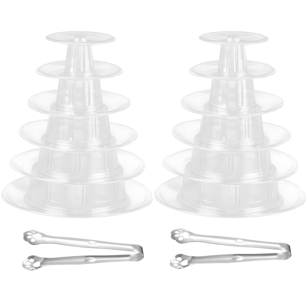 OMISTAR 2 PCS 6-Tier Clear Macaron Display Stands, Plastic Macaron Tray Tower with Stainless Steel Serving Tongs, Transparent Cupcake Dessert Stand for Weddings, Birthday Parties, Bakeries Clear,6-Tiers