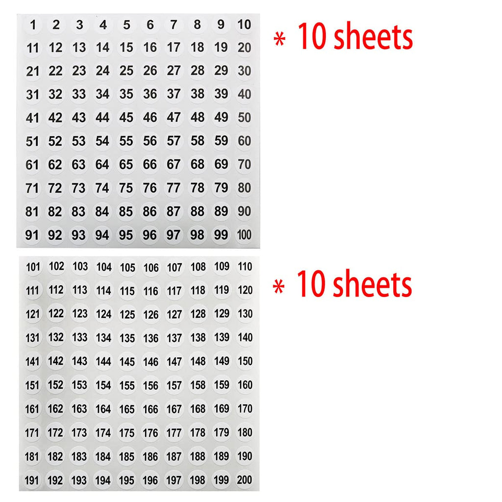Vinyl Number Sticker 1-200, White on Black, 20 Sheets, 0.4 Inch Round, Self-Adhesive, Waterproof, Indoor Use, 2000 Pieces in Total