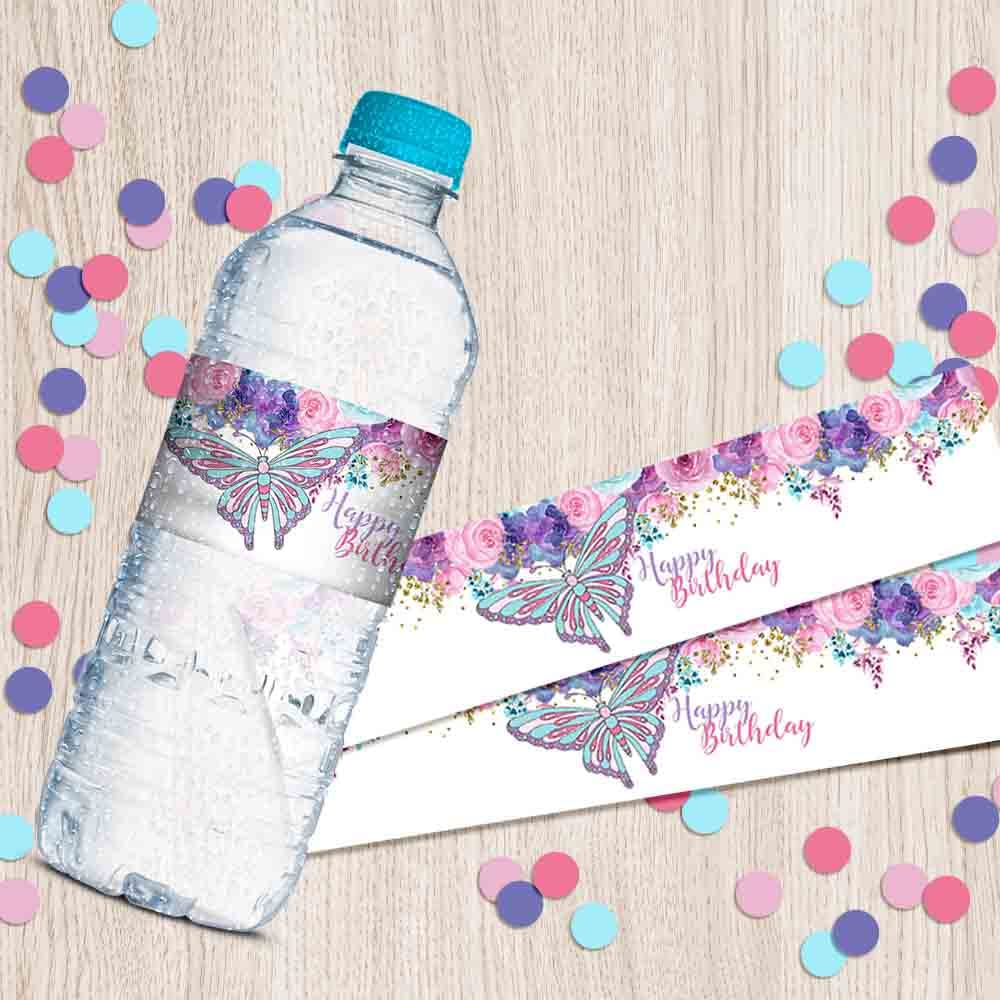Floral Watercolor Butterfly Birthday Themed Waterproof Water Bottle Sticker Wrappers 20 Wrap Around Labels Sized 1.75" x 8.5" by AmandaCreation