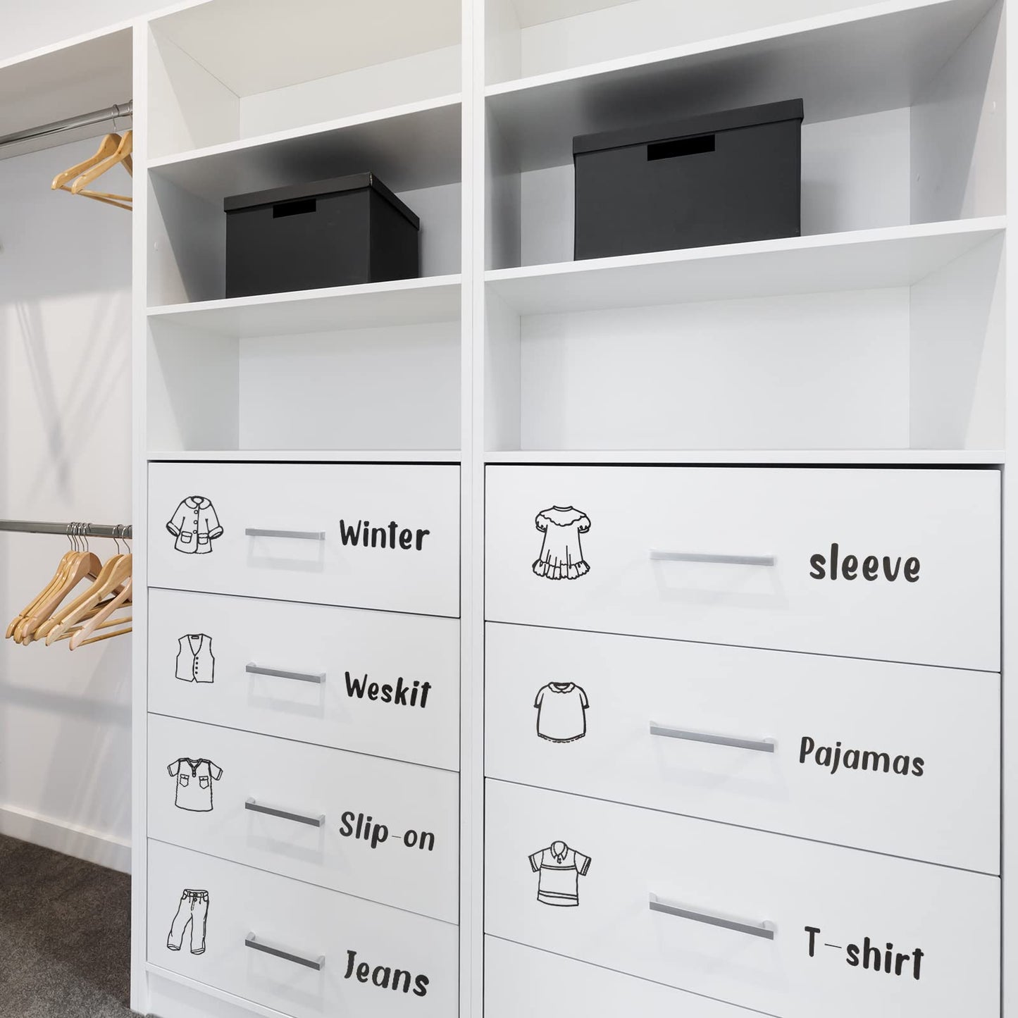 Spakon 9 Sheets Dresser Clothing Labels Removable Drawer Clothes Design Decals Wardrobe Decorative Bedroom Clothes Drawer Stickers for Organizing Decoration