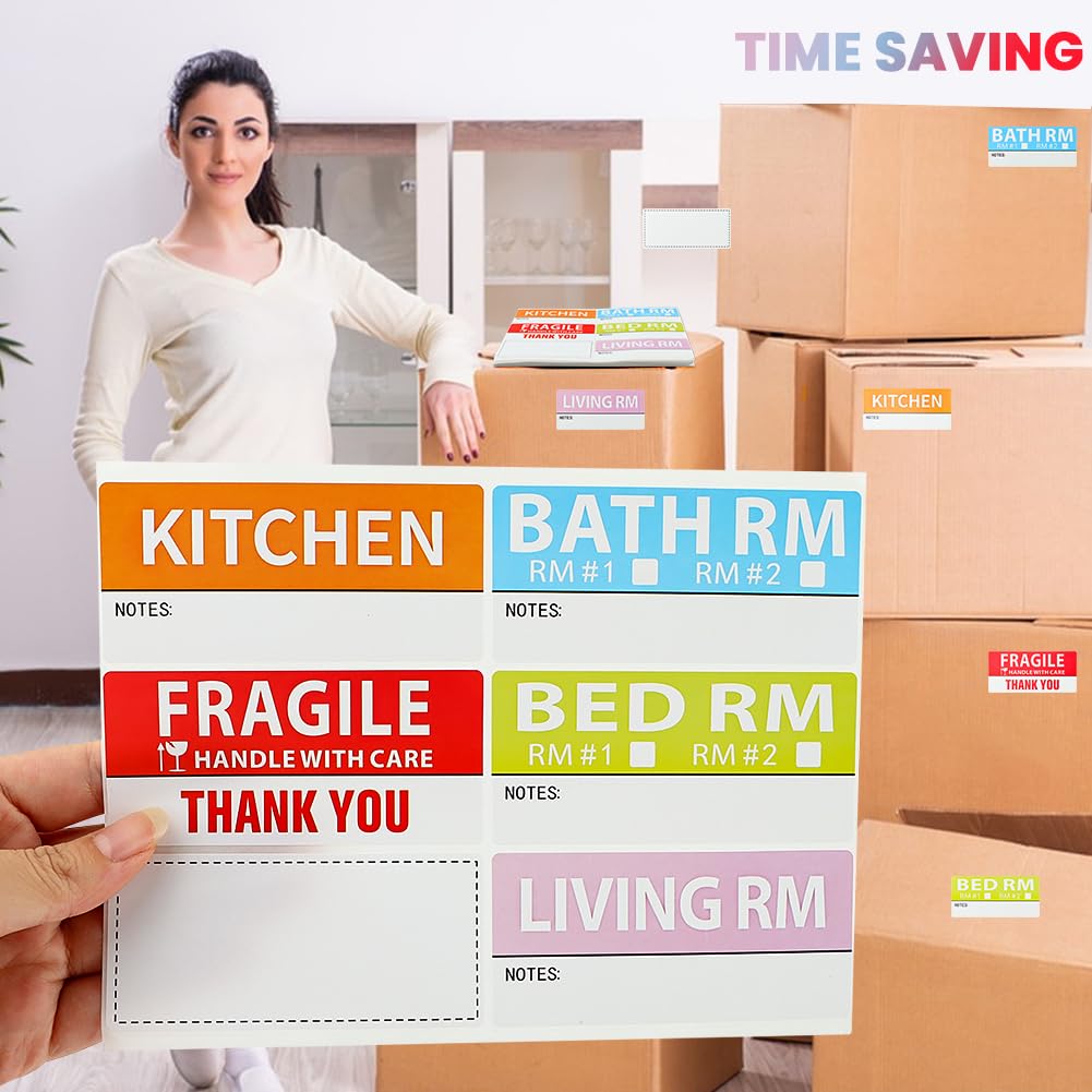 300 Count Home Moving Labels, 50 Sheets 6 Color Coded Moving Labels with Fragile Stickers, Waterproof Moving Stickers Color Coded Packing Labels for Moving Boxes, Moving Supplies 1.65x3.54inch