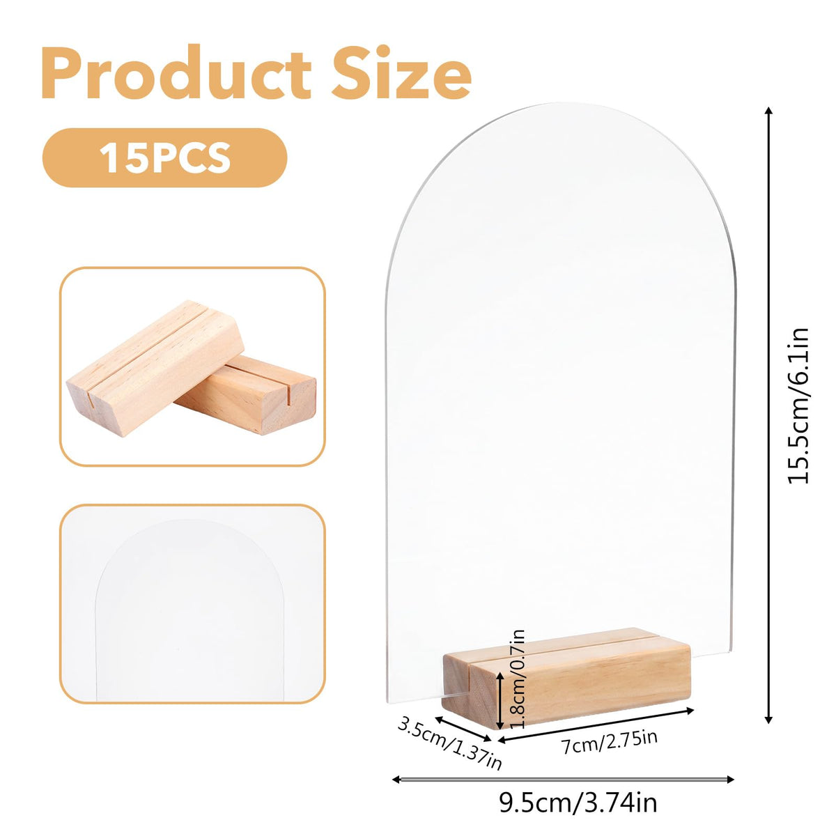 15 Pack Acrylic Sign with Wooden Stands, Arch Table Numbers 3.7x6 Inch Clear Blank Arced Sheets for DIY Wedding Centerpiece Party Decor